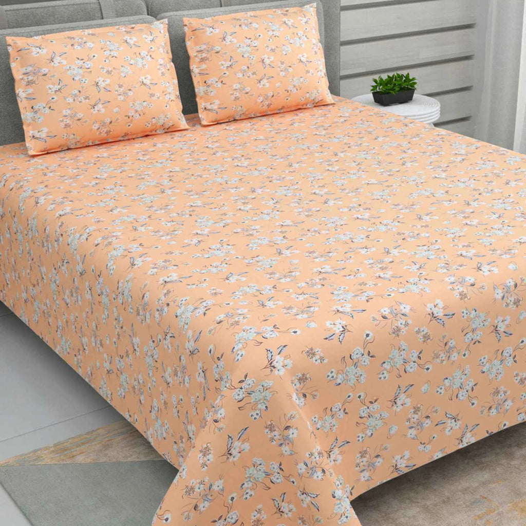 Dream Weaverz Cotton Super King Flat 220 TC Floral 1 Bedsheet with 2 Pillow Covers (Peach-Grey)