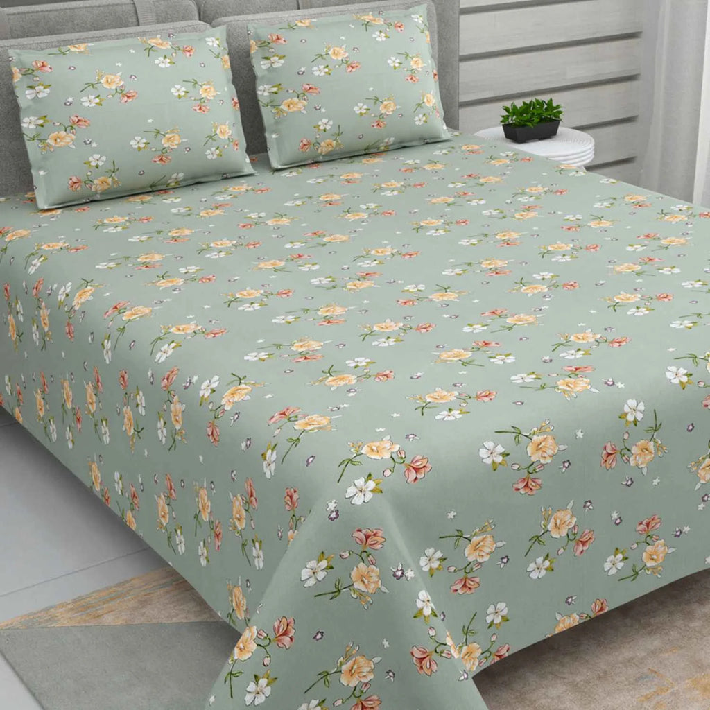 Dream Weaverz Cotton Super King Flat 220 TC Floral 1 Bedsheet with 2 Pillow Covers (Dark Green)