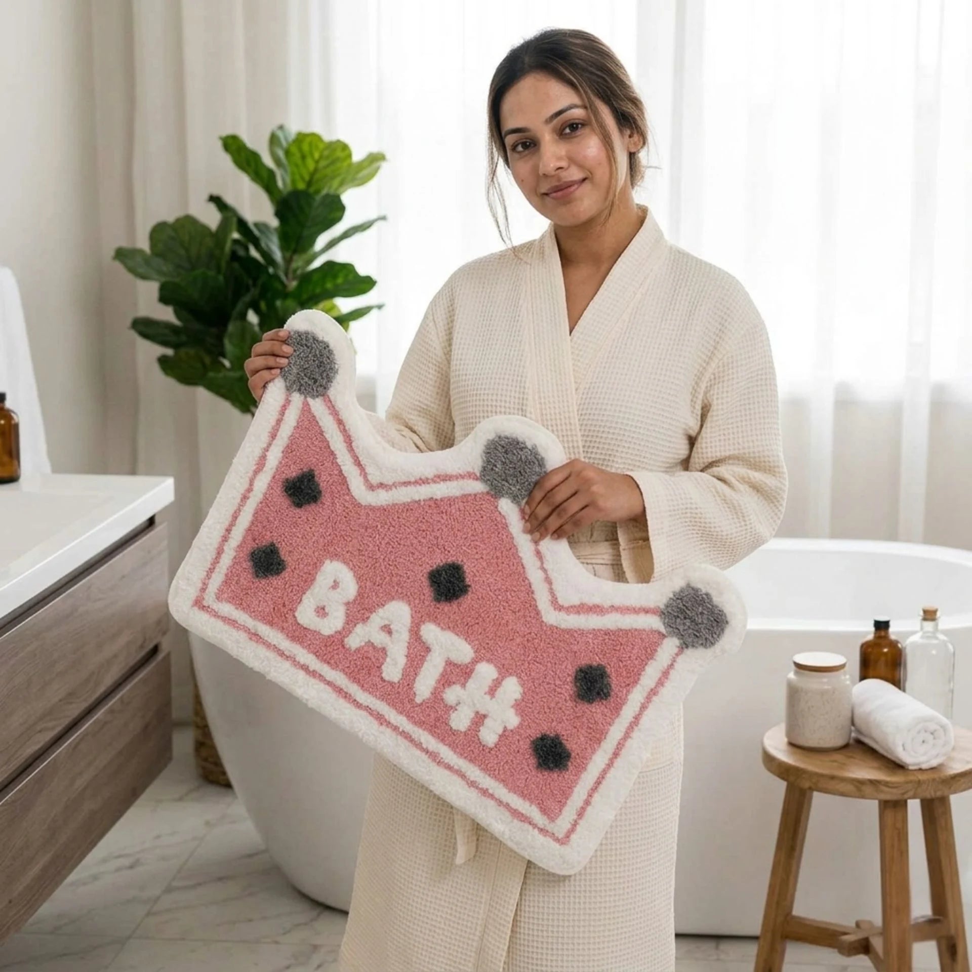 Dream Weaverz Microfiber Bathroom Mat (Pink-white, Free)